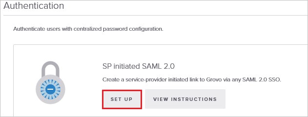 Screenshot: Abschnitt „SP initiated SAML 2.0“, in dem die Schaltfläche „Set up“ ausgewählt ist