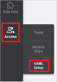 Screenshot: Menü „Access“ (Zugriff) mit ausgewählter Option „SAML Setup“ (SAML-Einrichtung)