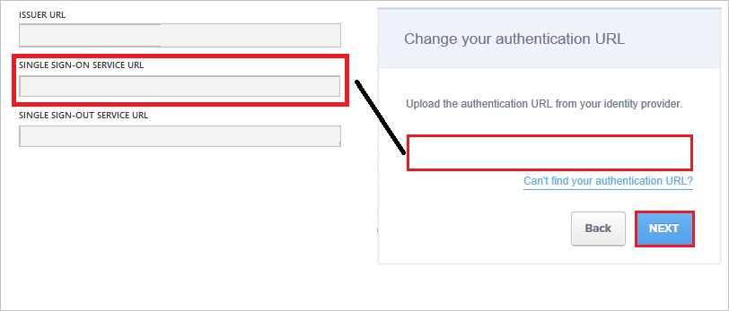 Screenshot: Bereich „Change your authentication URL“ (Authentifizierungs-URL ändern), in dem Sie Ihre Anmelde-URL kopieren können