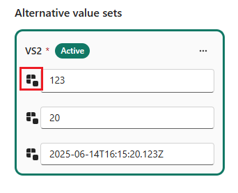 Screenshot einer Variablenbibliothek, die neben jedem Wert einer Variablen eine Zurücksetzungsschaltfläche anzeigt.