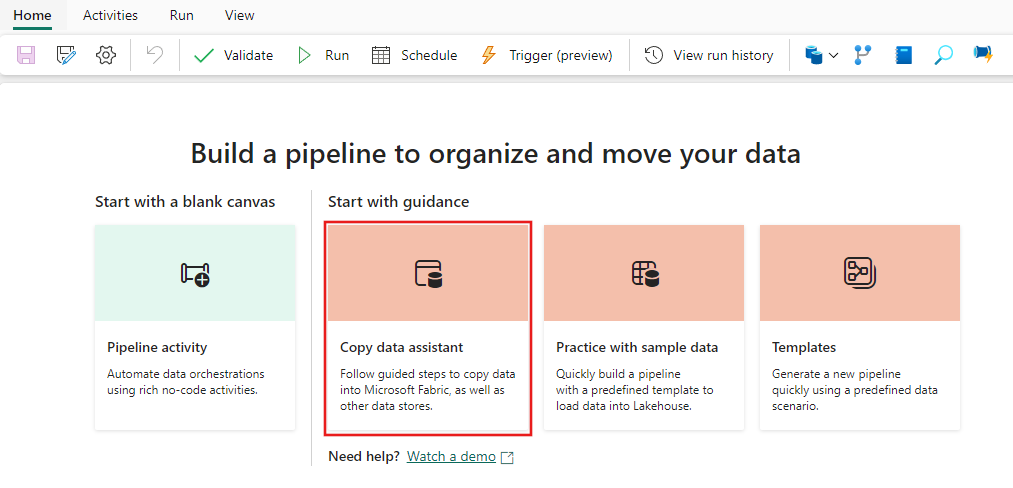 Screenshot der Schaltfläche „Daten kopieren“ einer neuen Pipeline.