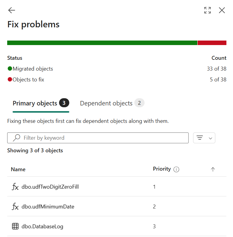 Screenshot des Fabric-Portals mit der Liste „Probleme behandeln” im Migration Assistant.