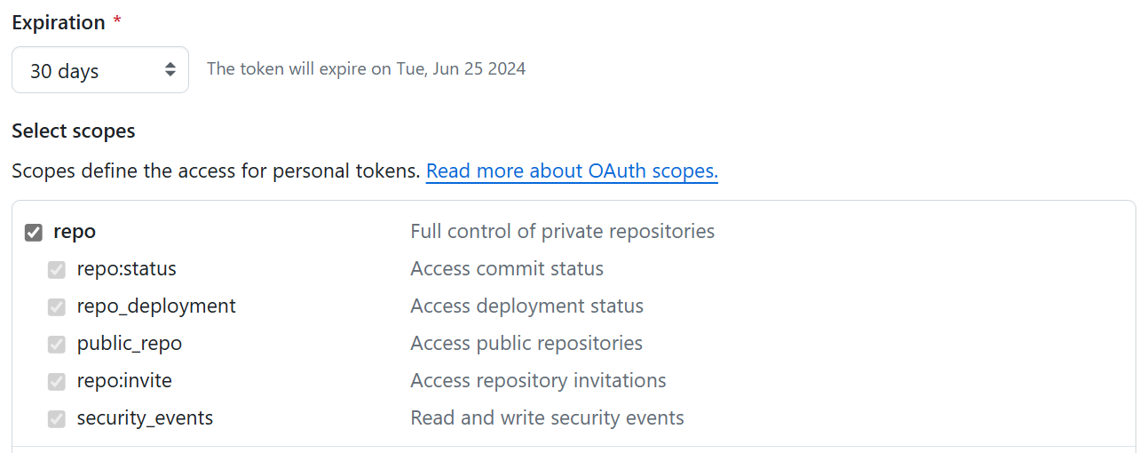 Screenshot der klassischen GitHub-Token-Scopes.