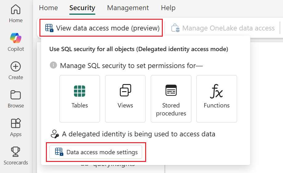 Screenshot, der zeigt, wie Sie zu den Einstellungen für den Datenzugriffsmodus für einen SQL-Analyseendpunkt navigieren.