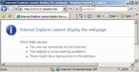 Screenshot des Internet Explorer-Webbrowsers. Der Text auf der Seite besagt, dass Internet Explorer die Webseite nicht anzeigen kann.
