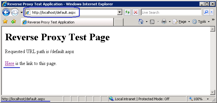Screenshot eines Browserfensters, in dem eine Reverseproxytestseite angezeigt wird.