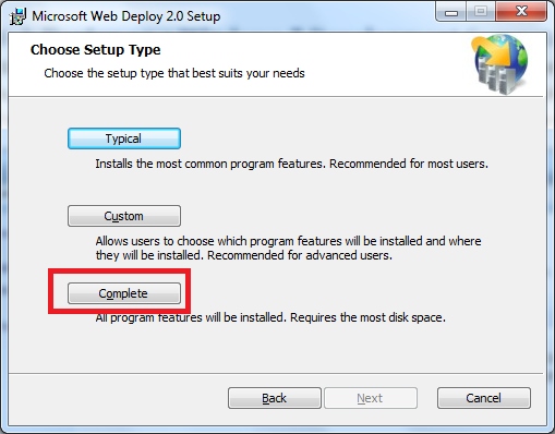 Screenshot des Setup-Assistenten für Microsoft Web Deploy 2,0. 