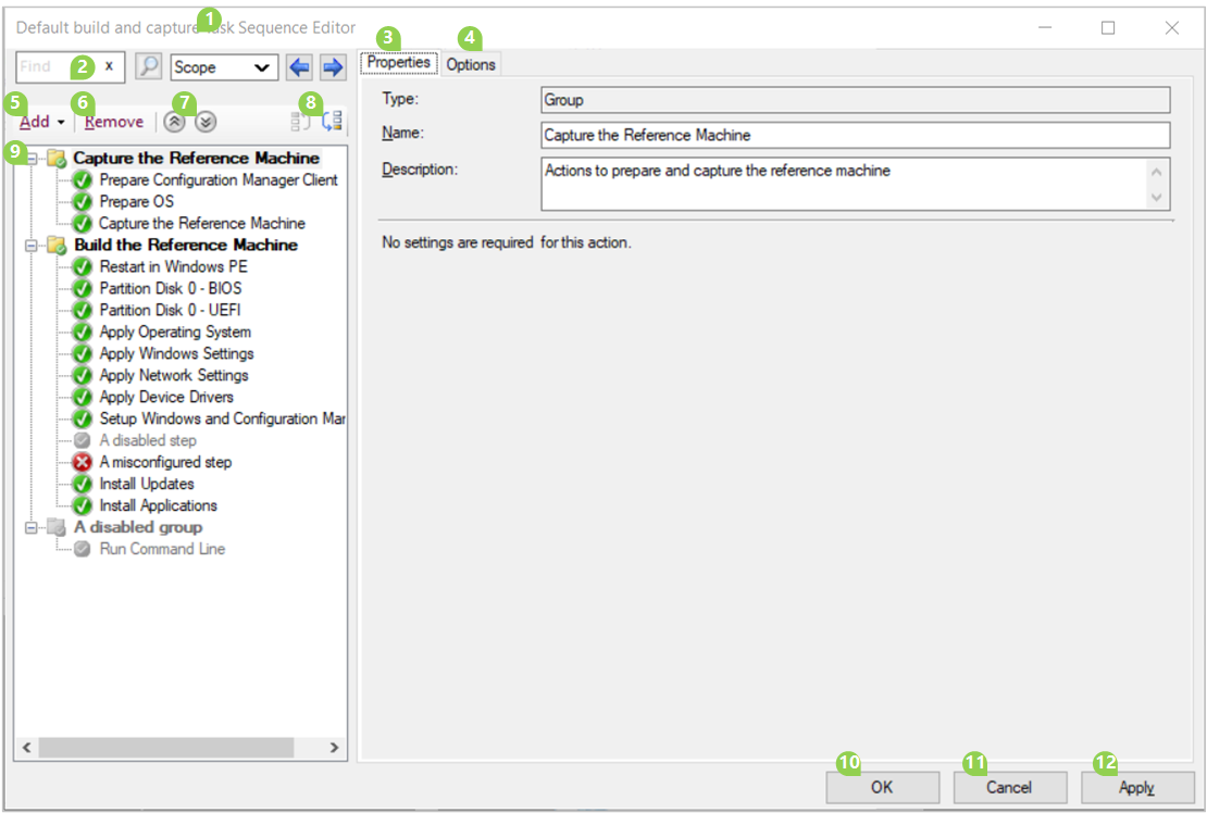 Kommentierter Screenshot des Beispielfensters des Tasksequenz-Editors.
