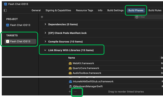Screenshot, der zeigt, wie Frameworks in Binärdatei mit Bibliotheken verknüpfen in Xcode auf einem macOS-Gerät entfernt werden.