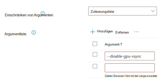 Screenshot der Benutzeroberfläche zum Konfigurieren von Befehlszeilenargumenten.