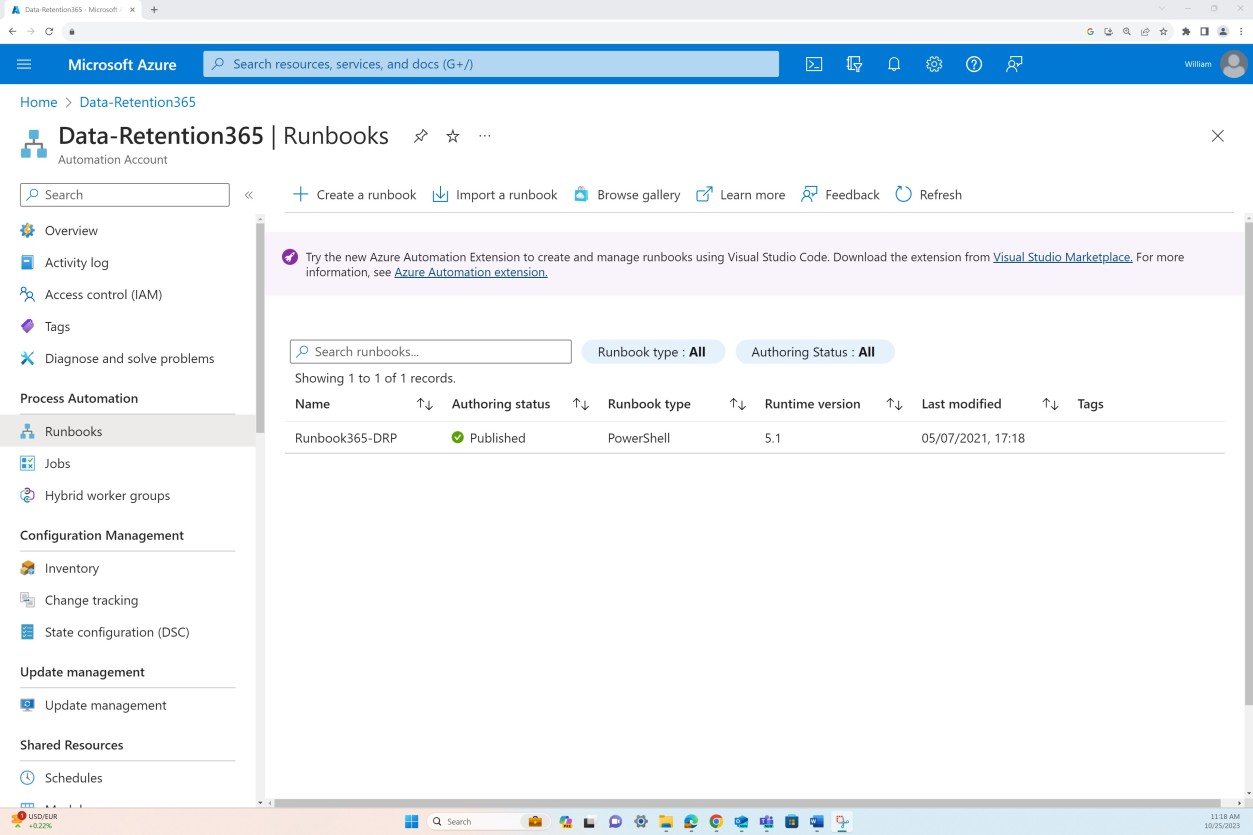 Azure Übersichtsseite für Runbooks.