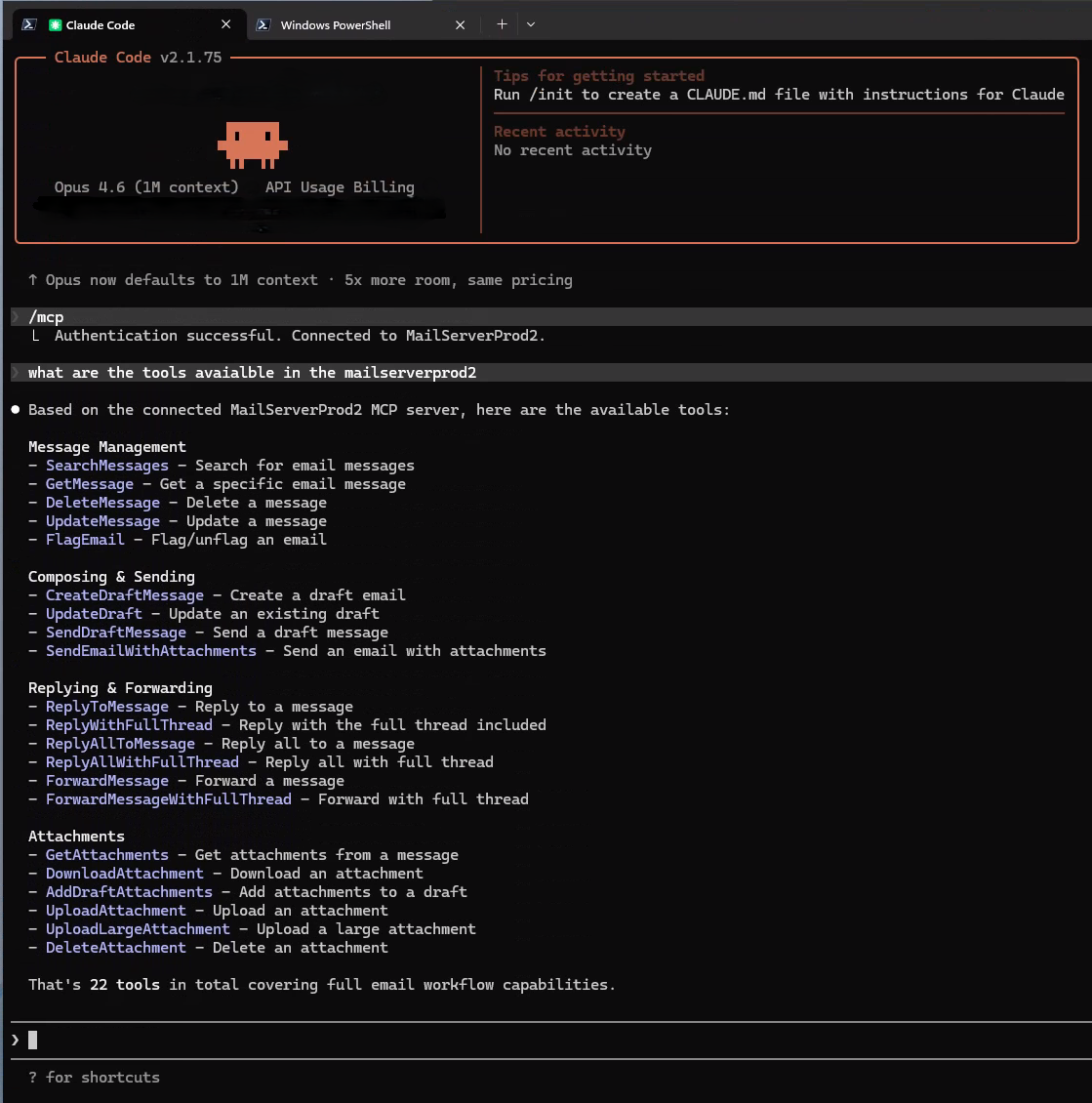 Screenshot eines PowerShell-Skriptfensters mit verschiedenen Befehlen im Zusammenhang mit dem Work IQ Mail MCP-Server.