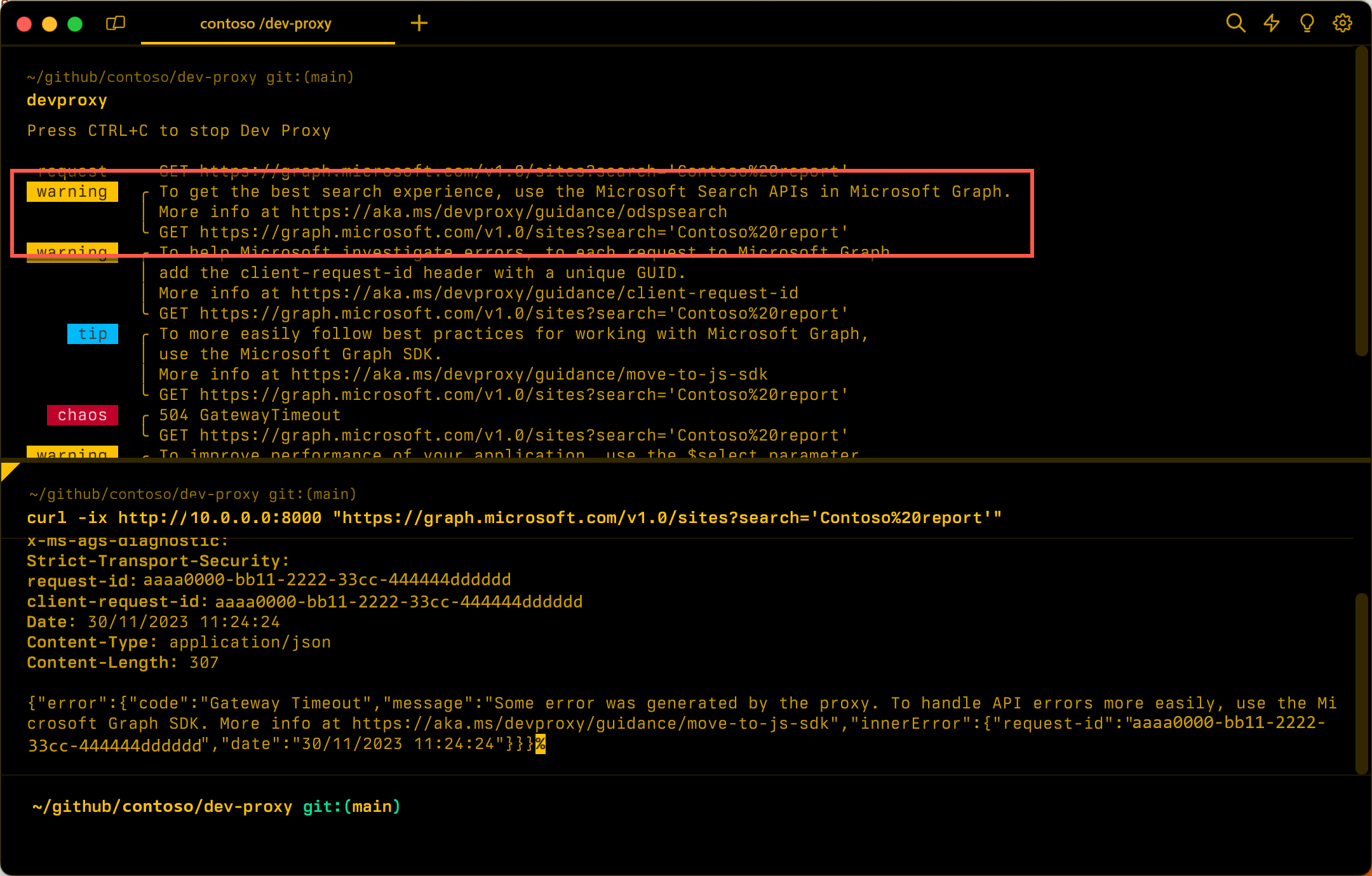Screenshot der Dev Proxy-Warnung bei der Verwendung von OneDrive- und SharePoint-Such-APIs.