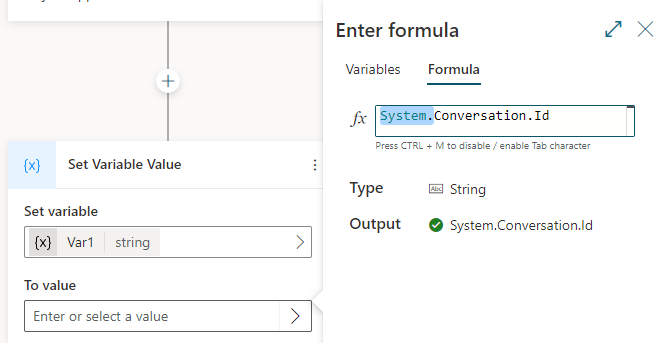 Screenshot des Bereichs „Formel eingeben“ mit einem Ausdruck, der eine Systemvariable enthält.