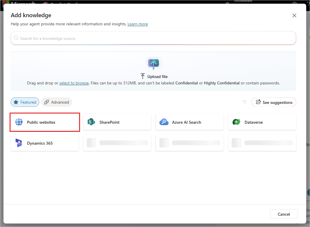 Screenshot des Dialogs Wissen hinzufügen in Copilot Studio, der Wissensquellentypen einschließlich der Option Public Websites zeigt.