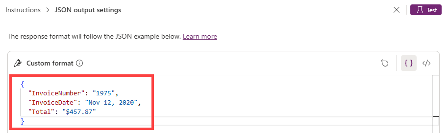 Screenshot eines benutzerdefinierten JSON-Formats.