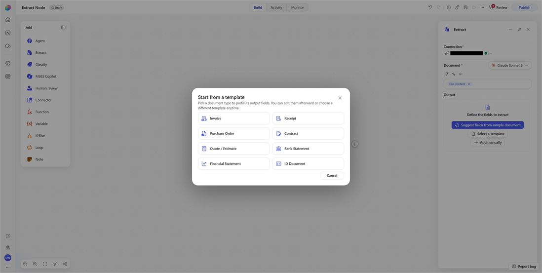 Screenshot des Auswahldialogs für die Vorlage des Extract-Knotens mit unterstützten Dokumentvorlagen.