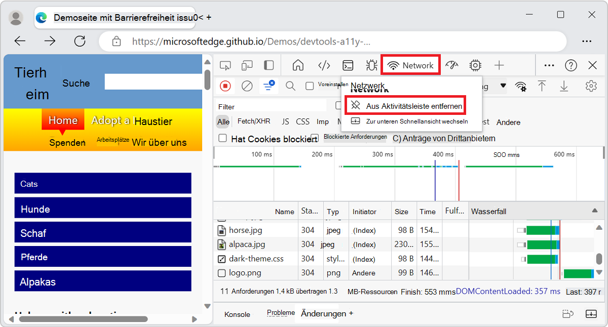 Das Kontextmenü für das Netzwerktool in der Aktivitätsleiste, einschließlich des Befehls 