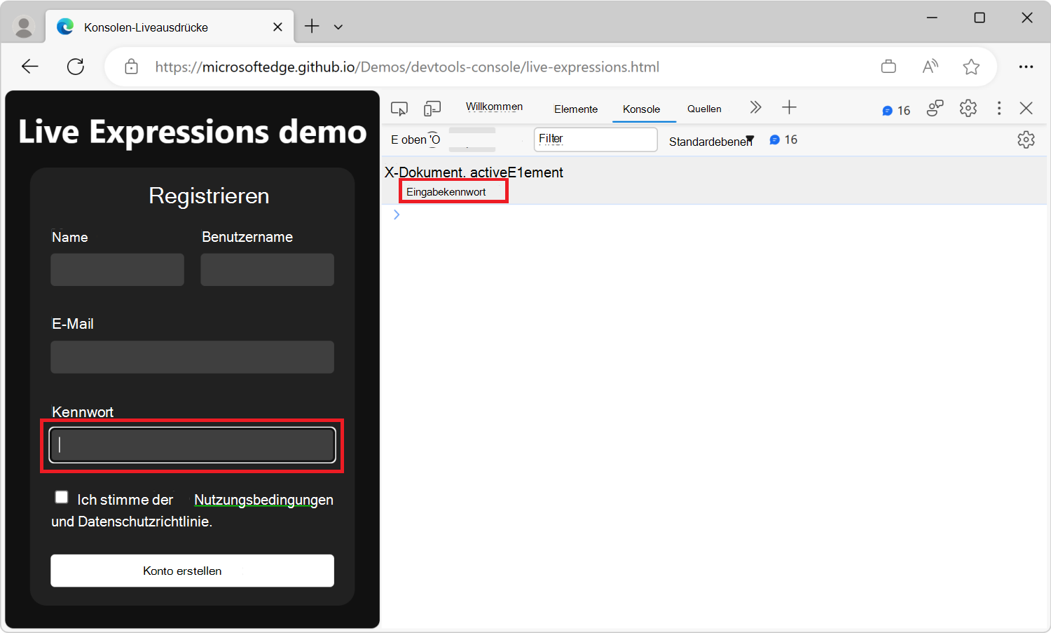 Das Konsolentool mit einer Live Expression-Zeile unterhalb der Symbolleiste, die den JavaScript-Ausdruck document.activeElement und sein aktuelles Ergebnis anzeigt: input#password