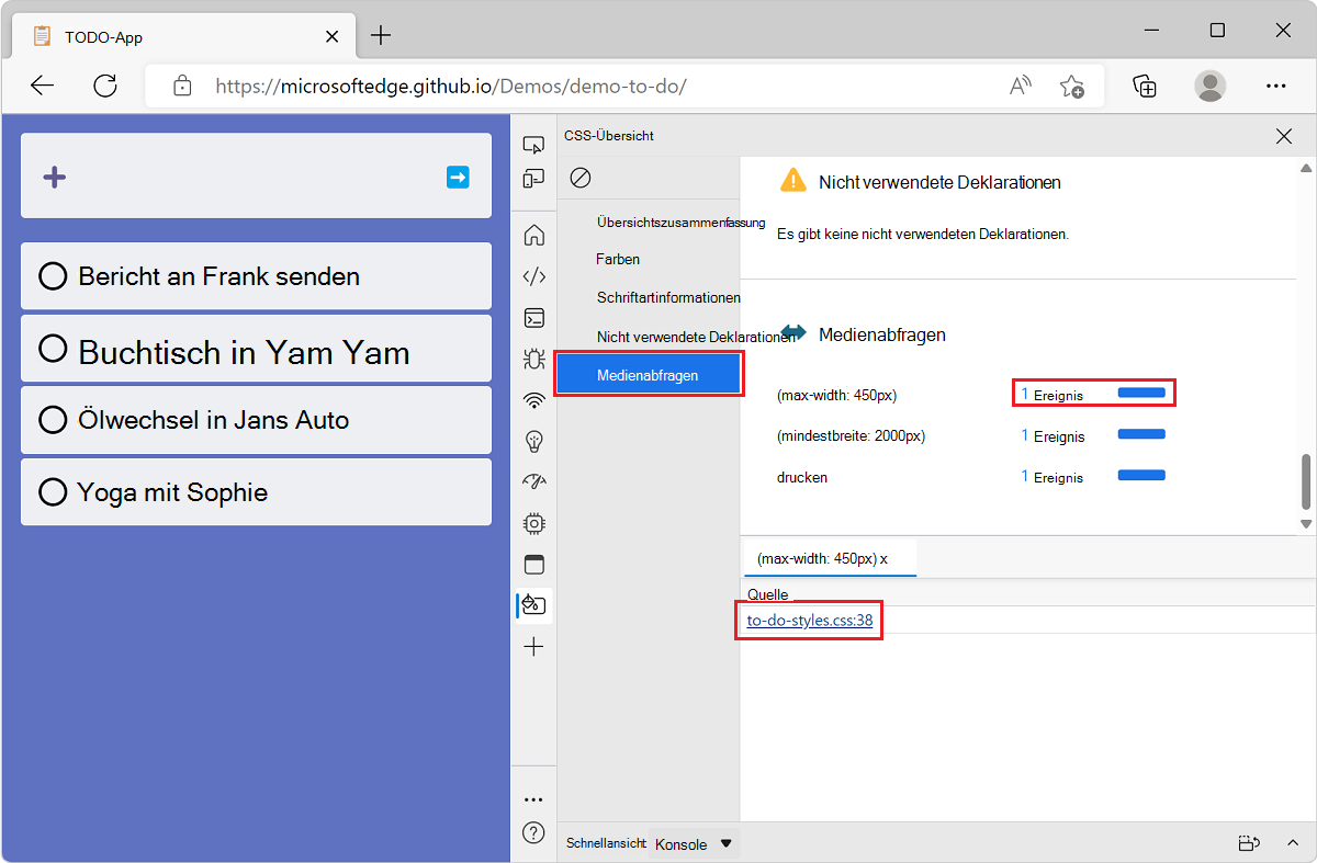 Microsoft Edge mit der Demo-App für die TODO-Liste und DevTools, die den Abschnitt 