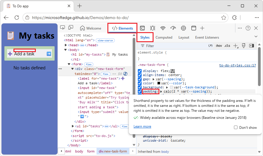 QuickInfo mit Dokumentation zu einer CSS-Eigenschaft