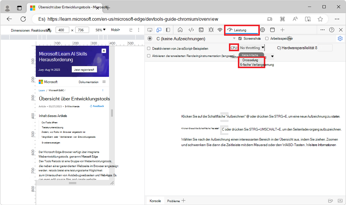 Die CPU-Dropdownliste im Leistungstool