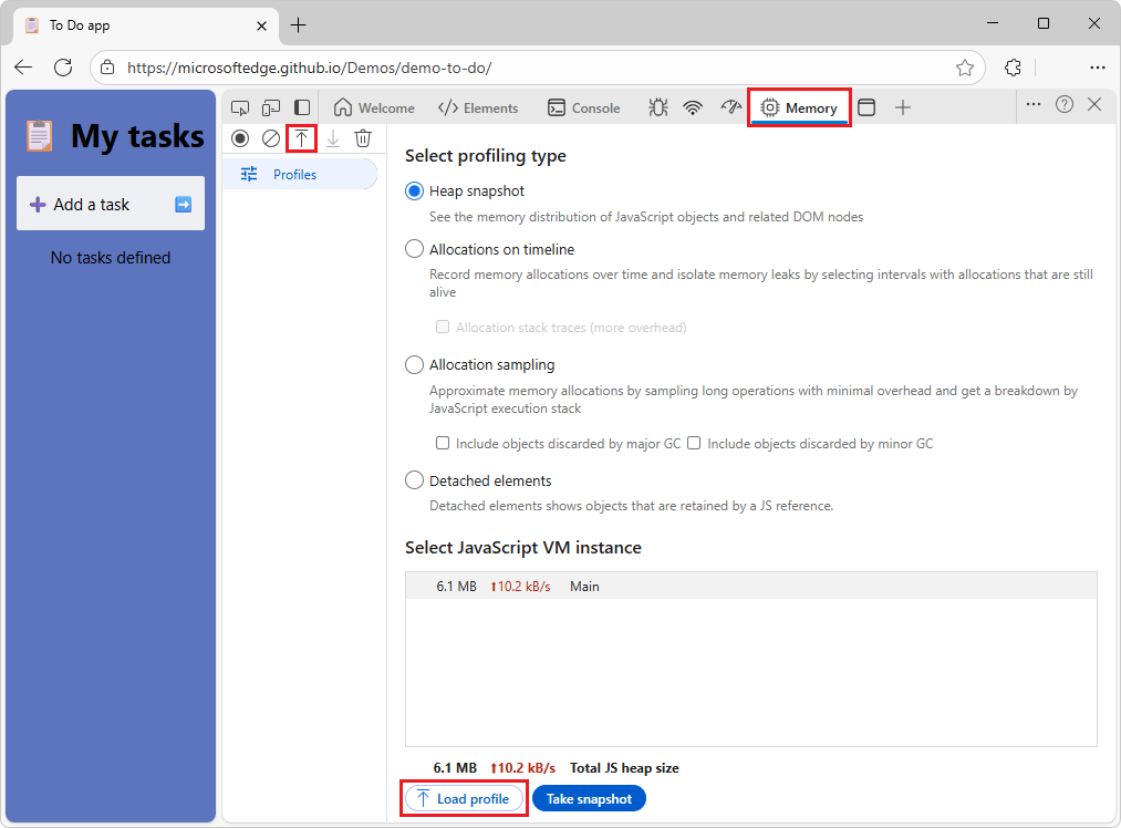 Microsoft Edge mit dem Speichertool in DevTools mit der Schaltfläche 