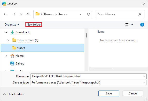 Das Dialogfeld Speichern unter in Windows mit der Speicherablaufverfolgungsdatei, die in einem Ablaufverfolgungsordner gespeichert wird