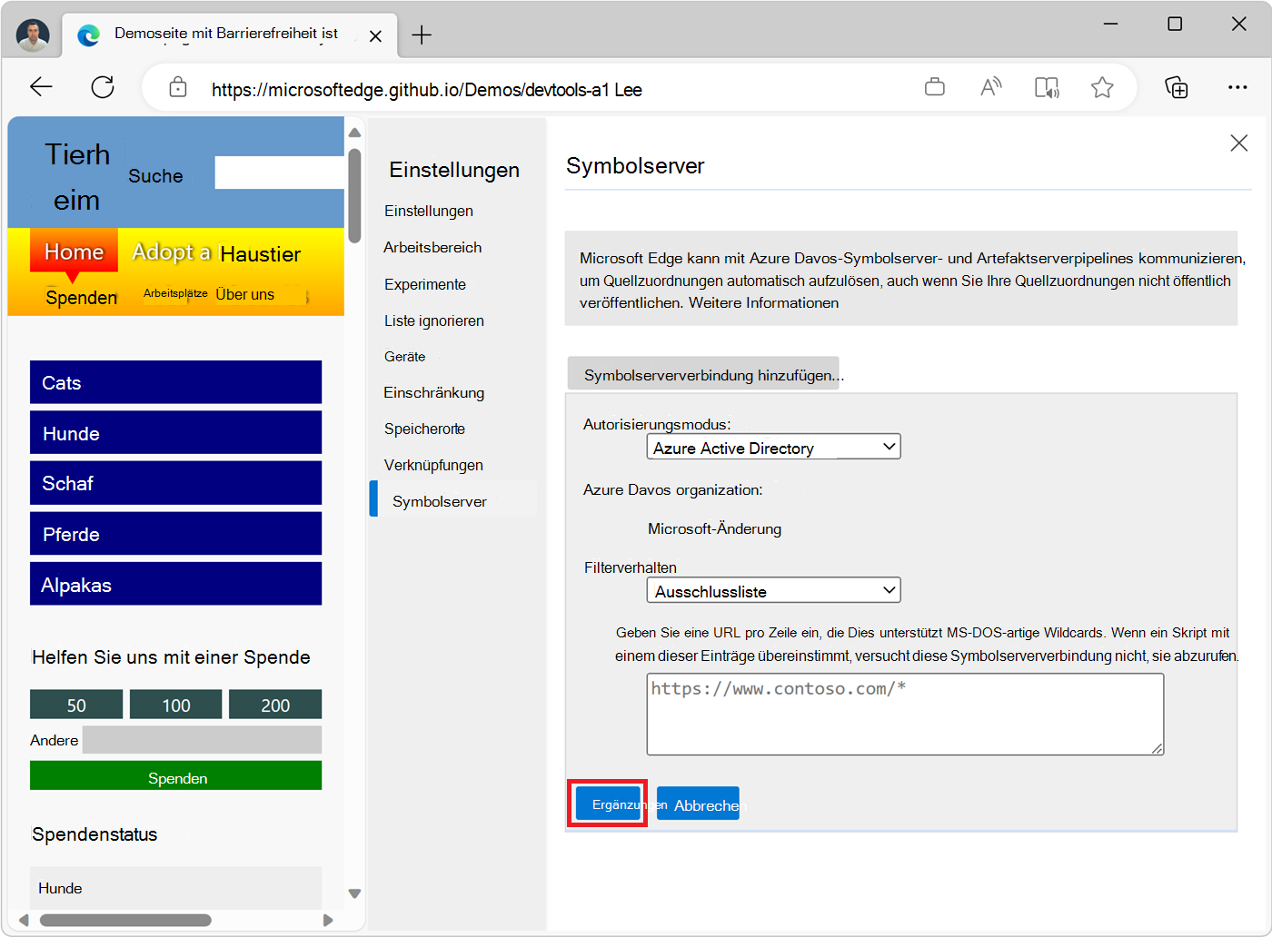 Der Symbolserver-Einstellungsbildschirm in DevTools mit der Schaltfläche Hinzufügen zum Erstellen einer neuen Verbindung