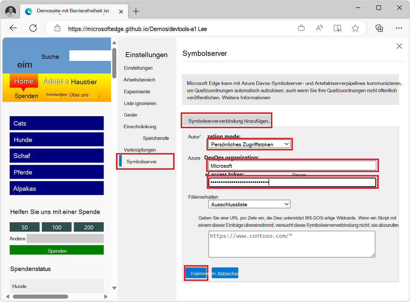 Der Symbolserver-Konfigurationsbildschirm in den DevTools-Einstellungen mit den Feldern, die zum Erstellen einer neuen PAT-Verbindung erforderlich sind