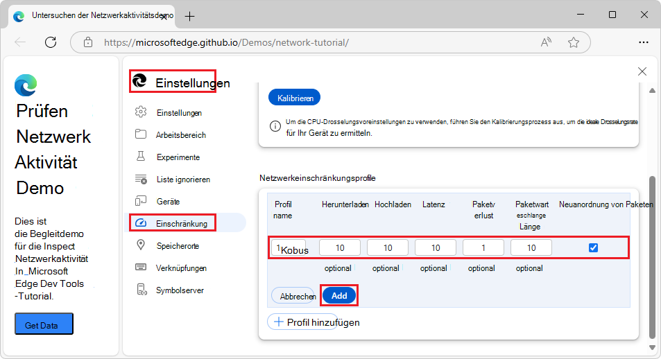 Erstellen eines benutzerdefinierten Drosselungsprofils in den DevTools-Einstellungen >> Drosselung