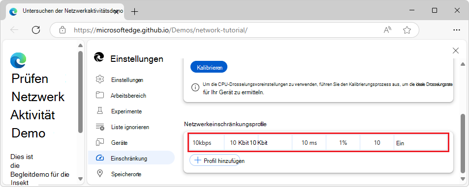 Erstellen eines benutzerdefinierten Drosselungsprofils in den DevTools-Einstellungen >> Drosselung