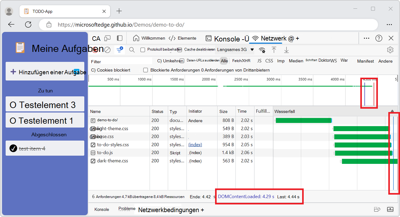 Die Speicherorte der DOMContentLoaded- und Load-Ereignisse im Netzwerktool