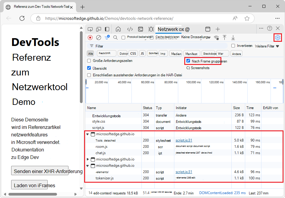 Das Netzwerkanforderungsprotokoll mit Anforderungen, die nach iframes gruppiert sind