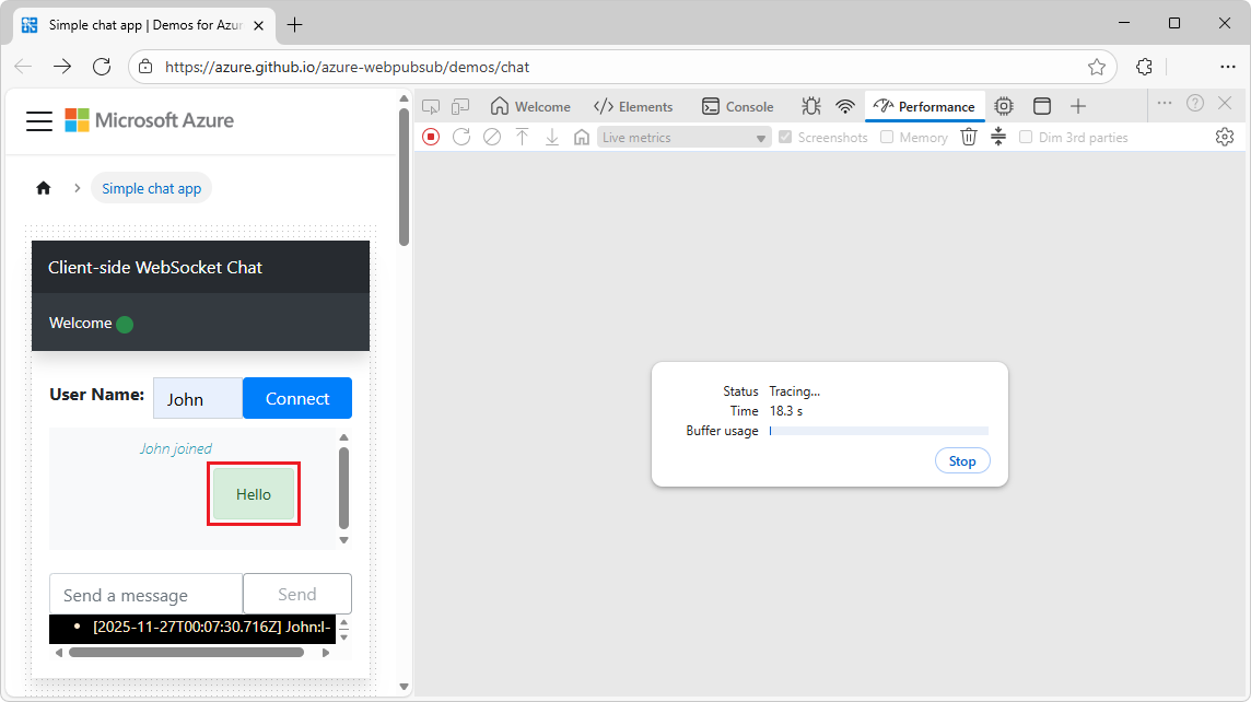 WebSocket-Nachrichten im Leistungstool