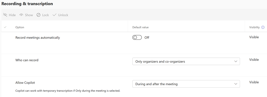Screenshot der Teams-Aufzeichnungsrichtlinien für Besprechungsvorlagen im Teams Admin Center.