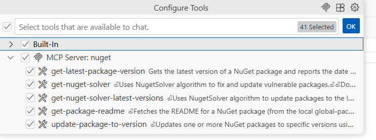 GitHub Copilot Chat Tools-Fenster in VS Code