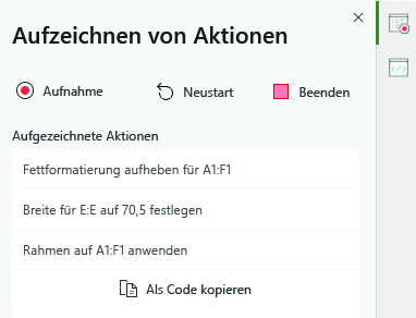 Eine Liste der Aktionen, die vom Aktionsrekorder aufgezeichnet werden.