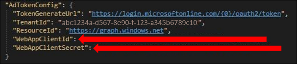 Veranschaulicht einen Codeausschnitt der appsettings.Development.json Datei.