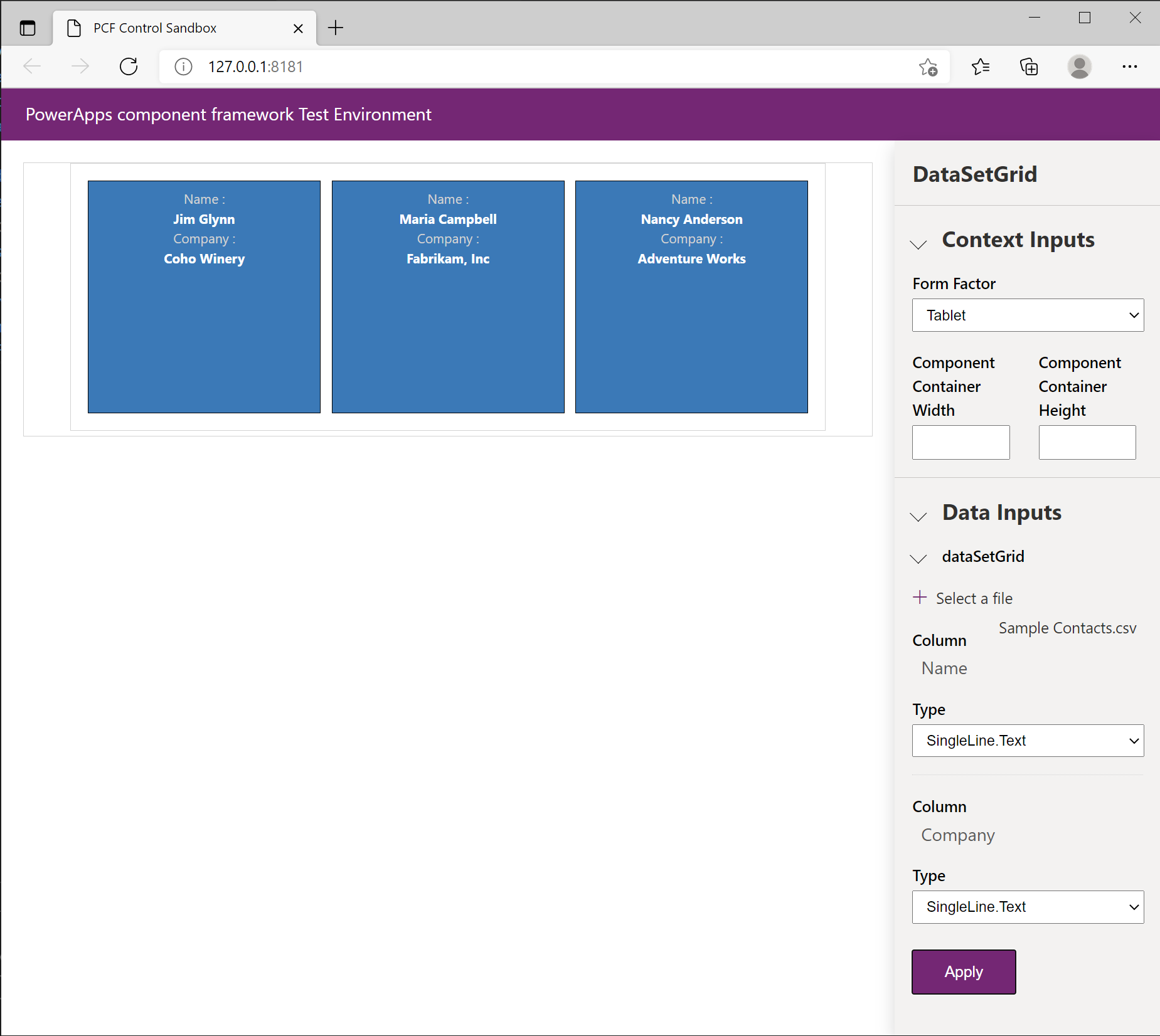 Screenshot der den CSV-Spalten im Test-Harness zugewiesenen Datentypen.