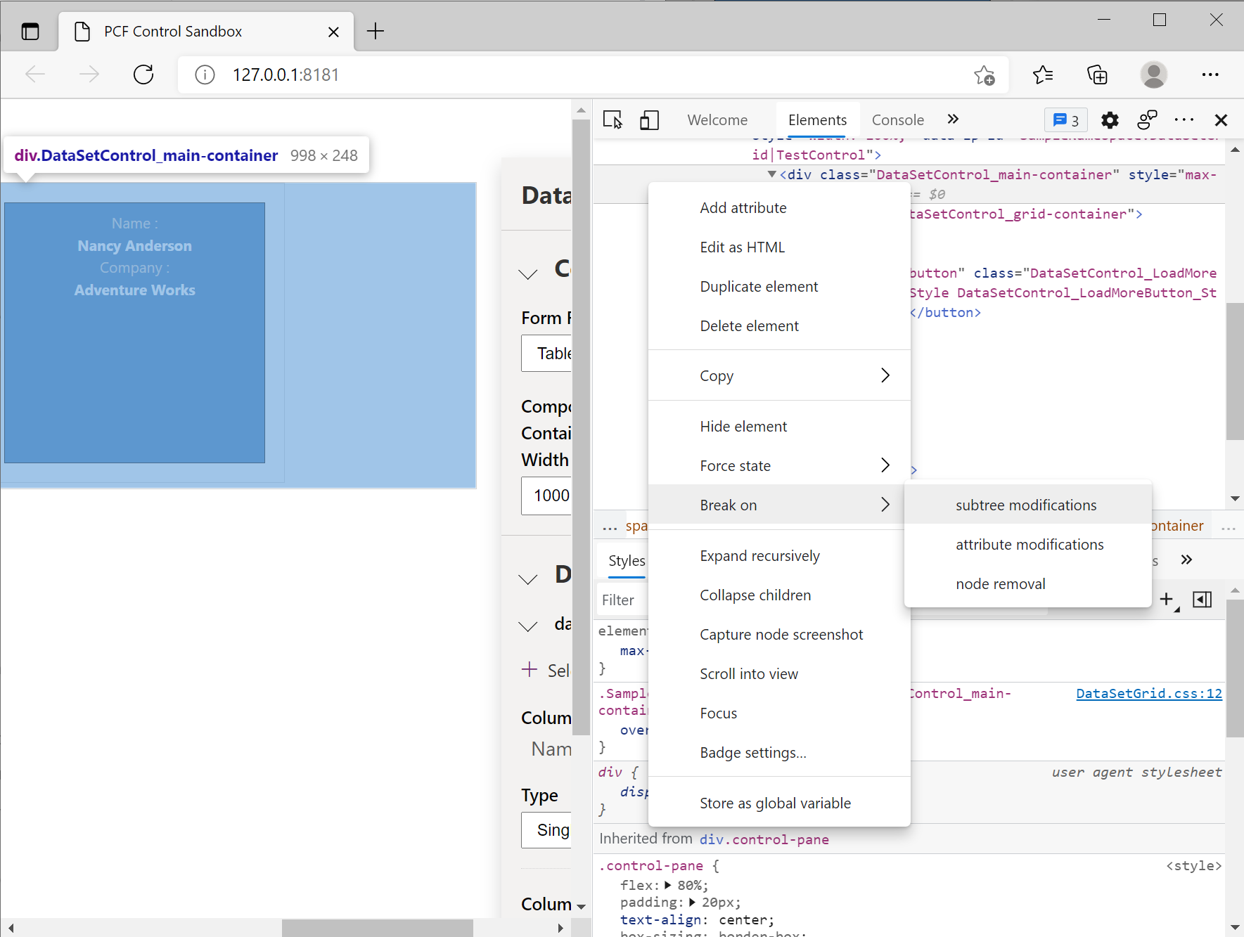 Screenshot des Microsoft Edge DevTools-Menüs zum Anhalten bei Änderungen an Unterstrukturen.