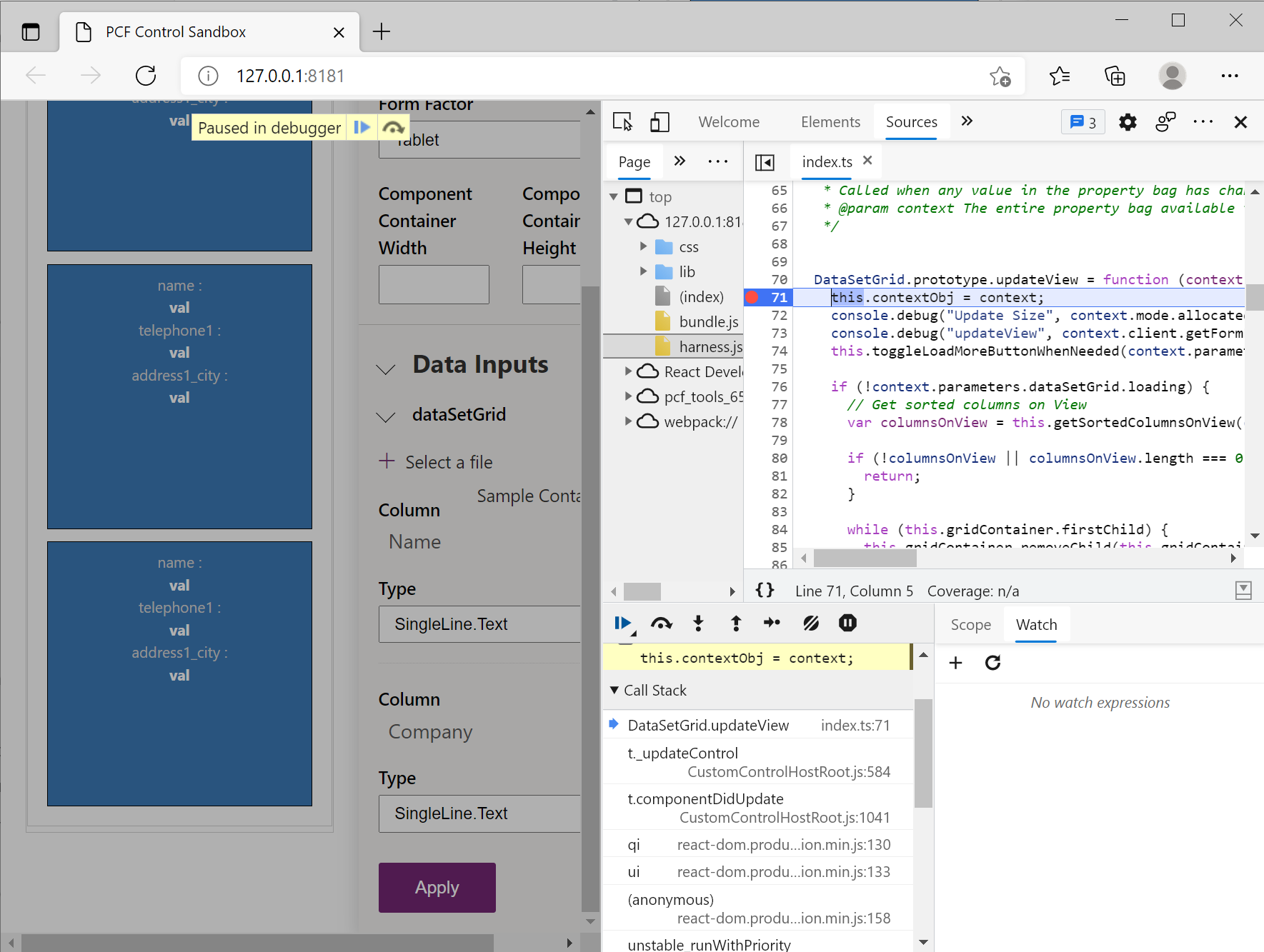 Screenshot von Microsoft Edge DevTools an einem UpdateView-Haltepunkt angehalten.