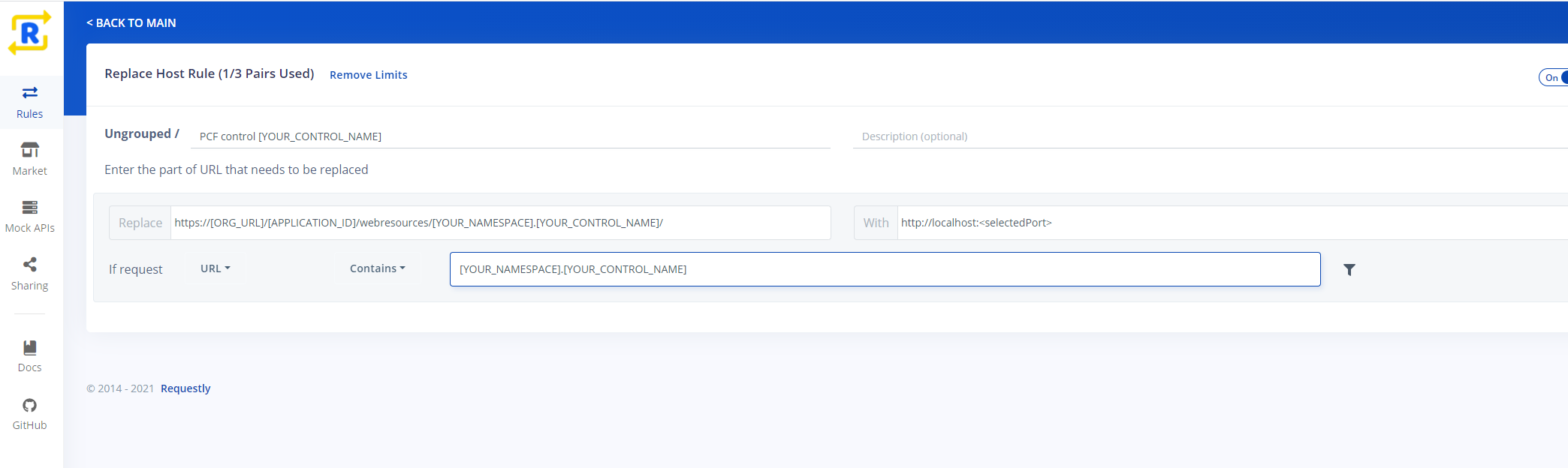 Screenshot einer Requestly-Regel vom Typ „Replace Host“ für lokale Dateien von Codekomponenten.