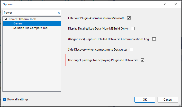 Wählen Sie „NuGet Paket zum Bereitstellen von Plug-Ins für Dataverse verwenden“ aus.