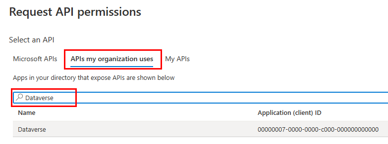 Suchen Sie „APIs, die meine Organisation verwendet“ nach Dataverse