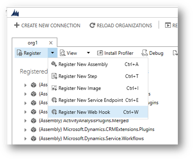 Zeigt die Menüoption zum Registrieren eines neuen Webhooks an. Die Tastenkombination ist Strg&nbsp;+ W.