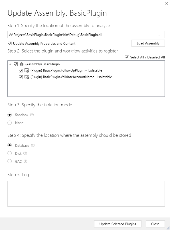 Dialogfeld „Update Assembly: Basis-Plugin“.
