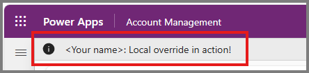 Screenshot der Benachrichtigung im Kontoformular, der die lokale Überschreibung in Aktion zeigt.