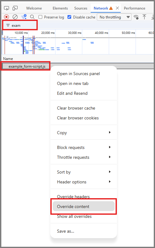 Screenshot des Netzwerk-Tools, gefiltert nach „example_form-script.js“, wobei der Befehl „Inhalt überschreiben“ ausgewählt ist.