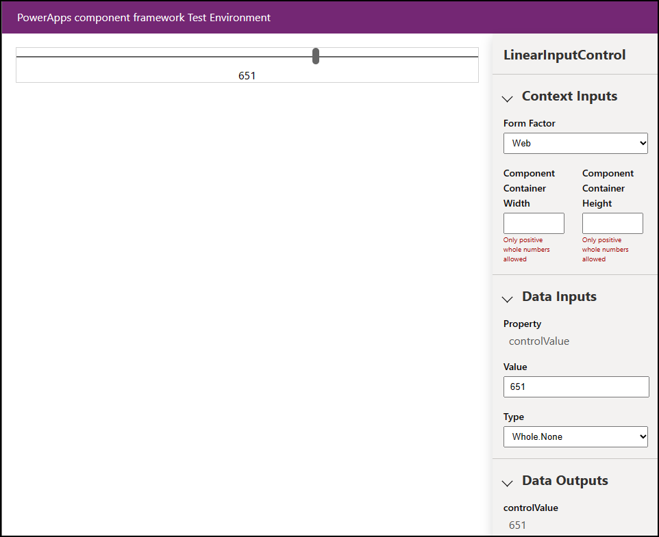 Lineares EingabElement in der PCF-Steuerelement-Sandbox